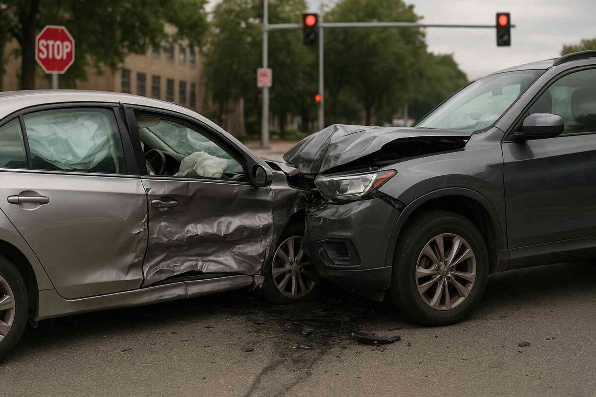 A silver car and a dark gray SUV have collided in a T-bone accident at an intersection, with visible damage to both vehicles. The airbags in the silver car have deployed, and a stop sign and red traffic lights are in the background.