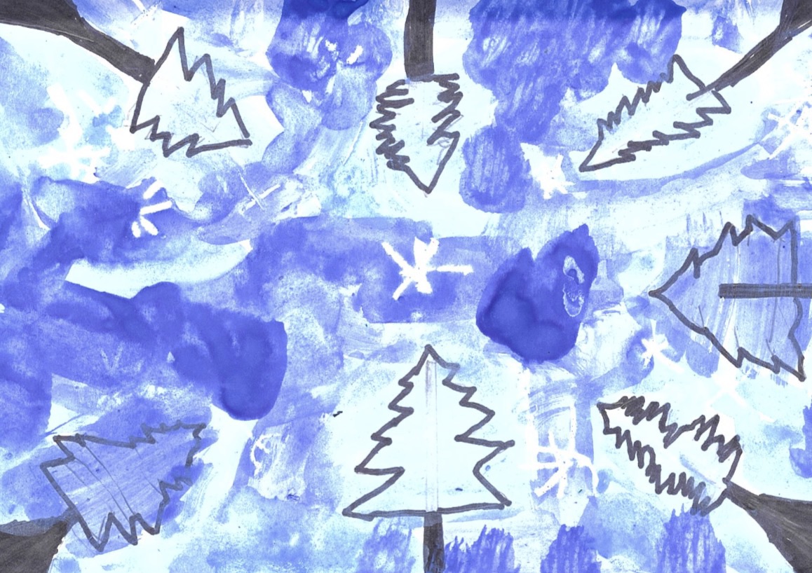 A child’s painting of a winter forest with blue and white backgrounds, created by one of the 4th Grade Winners in an Art Competition, features black-outlined pine trees and snowflakes scattered throughout the scene.