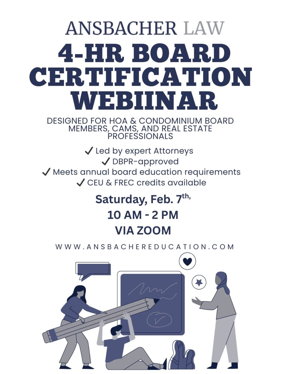 Flyer for Ansbacher Law's 4-hour Board Member Certification Webinar for HOA, condo board members, CAMs, and real estate pros, on Saturday, Feb. 7, 10 AM–2 PM via Zoom—featuring icons and cartoon people.