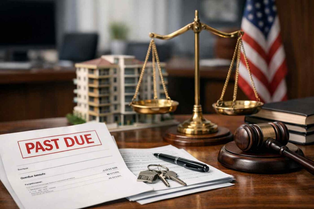 A “PAST DUE” notice on paperwork sits beside house keys, a pen, a gavel, and justice scales, hinting at legal steps for collecting unpaid condo dues, with an American flag and model building in the background.