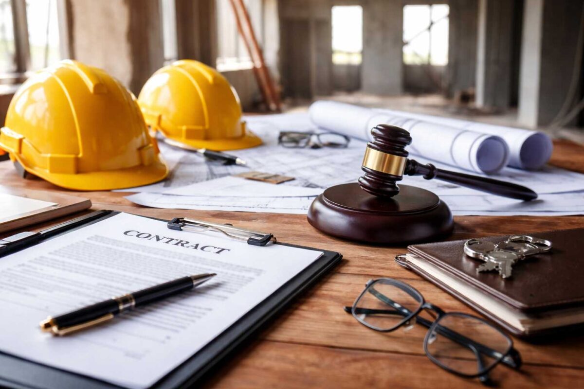 A contract, pen, glasses, gavel, and keys rest on a wooden table. In the background, two yellow construction helmets and blueprints hint at a construction or legal context involving contractor abandonment.
