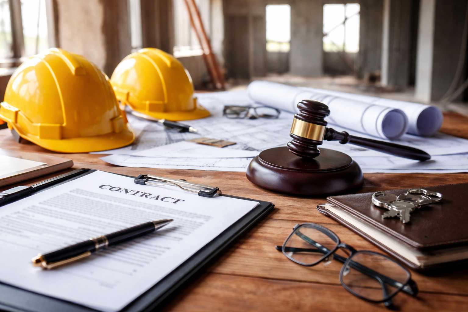 A contract, pen, glasses, gavel, and keys rest on a wooden table. In the background, two yellow construction helmets and blueprints hint at a construction or legal context involving contractor abandonment.