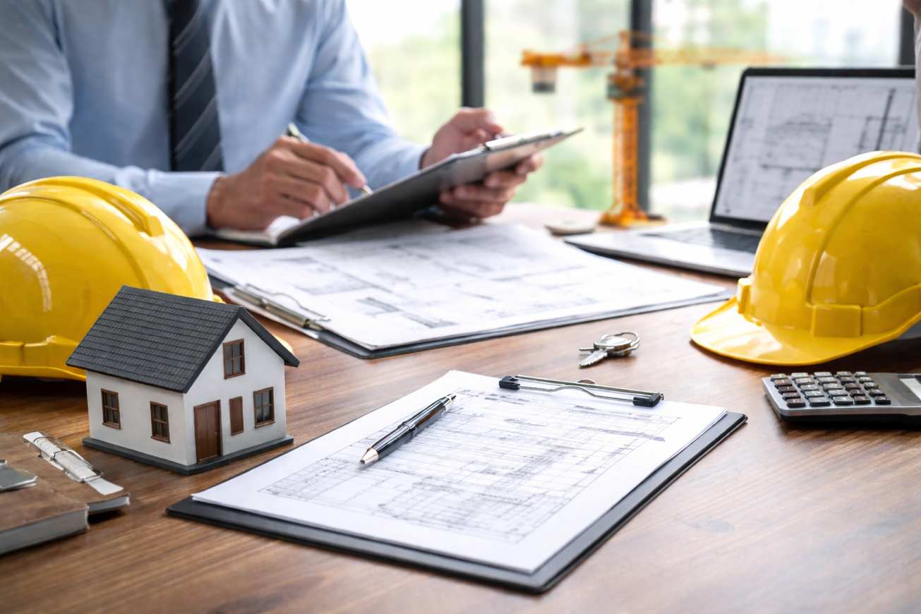 A person in business attire reviews documents at a desk with blueprints, a model house, yellow construction helmets, keys, and a calculator—reflecting the process of securing construction financing from banks in Florida; a model crane is visible in the background.