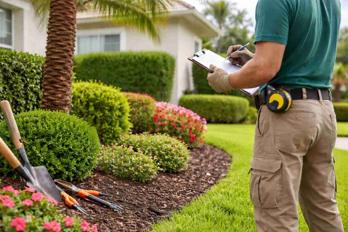 A landscaper wearing gloves and holding a clipboard stands in a well-manicured garden with neatly trimmed bushes and colorful flowers, checking for any landscaping rules violations that homeowners must address. Gardening tools are placed on the ground nearby.