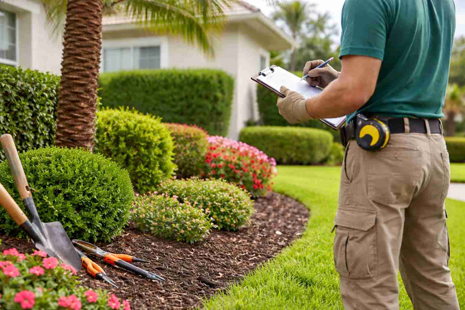 A landscaper wearing gloves and holding a clipboard stands in a well-manicured garden with neatly trimmed bushes and colorful flowers, checking for any landscaping rules violations that homeowners must address. Gardening tools are placed on the ground nearby.