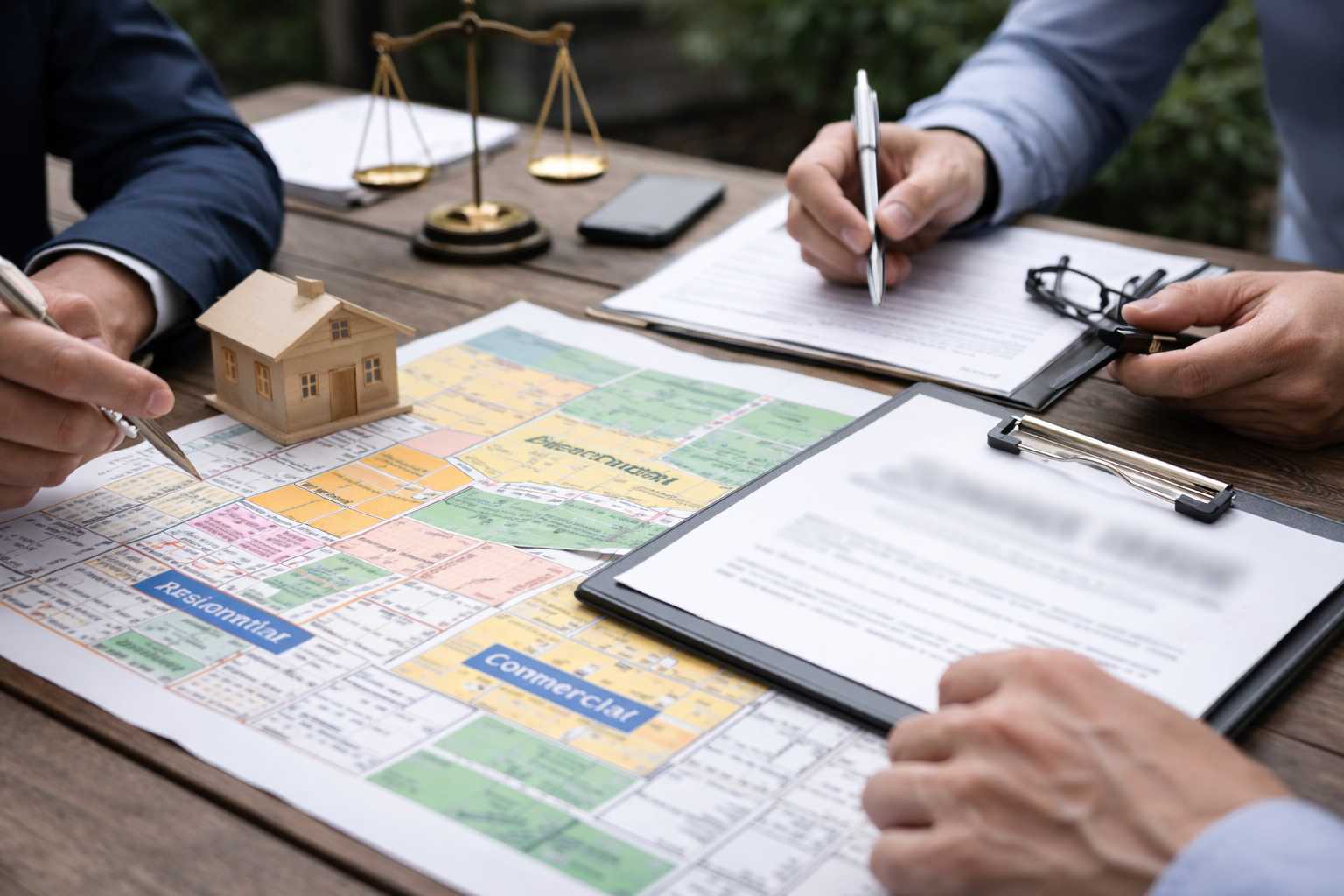 Two people sitting at a table review documents and a map labeled "Residential" and "Commercial," discussing zoning laws Florida. A small house model, a scale, and pens suggest a real estate or legal discussion about zoning issues Florida.