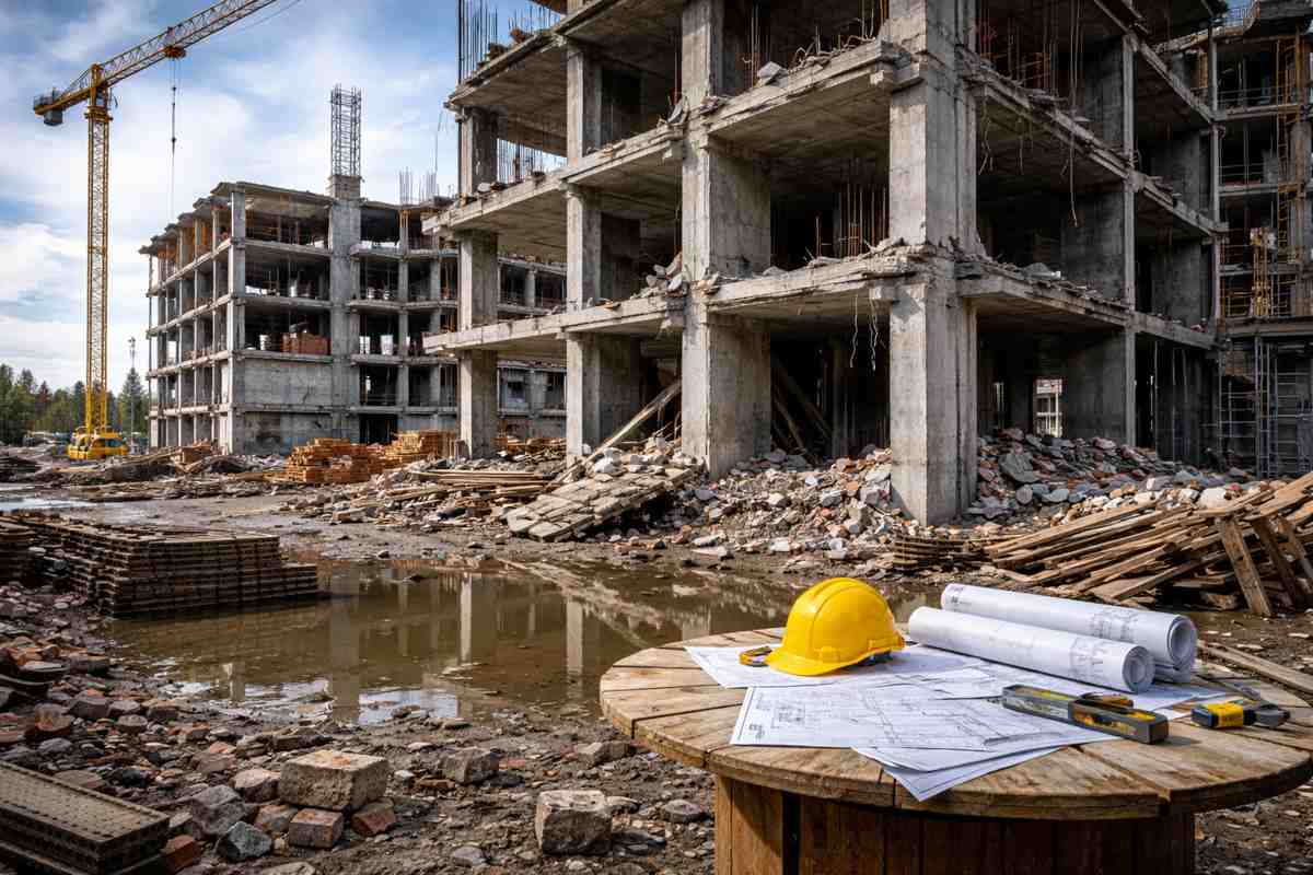 A construction site with partially completed concrete buildings, scattered debris, and muddy ground. In the foreground, architectural plans and a yellow hard hat hint at ongoing work—builder liability is paramount amid tools resting on a wooden spool.