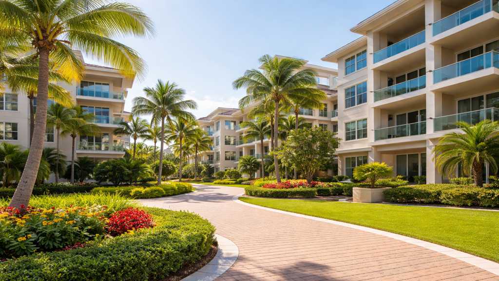 A landscaped walkway lined with palm trees and colorful flowers winds between modern, multi-story apartment buildings with balconies, where recent board change bylaws foster a vibrant, well-maintained community on a sunny day.