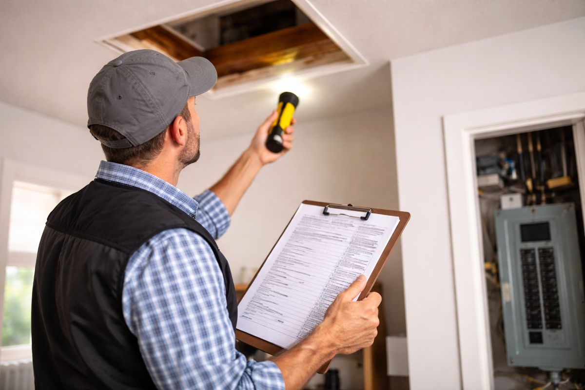 A man wearing a cap and holding a flashlight and clipboard inspects water damage on a ceiling near an attic opening, highlighting the importance of a thorough home inspection Florida for anyone considering Florida home buying.