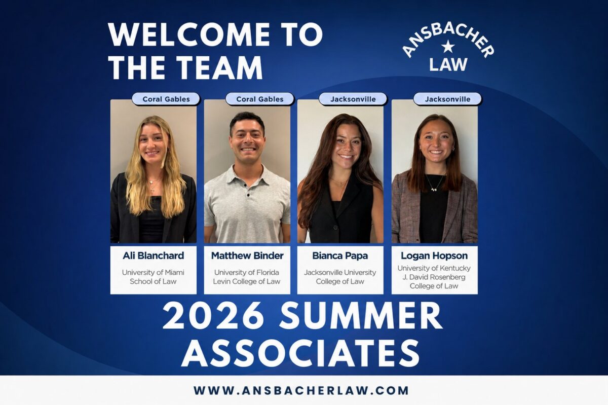 A welcome banner for Ansbacher Law introduces their Summer 2026 Law Clerks with photos and names: Ali Blanchard, Matthew Binder, Bianca Papa, and Logan Hopson, along with their universities and law schools.