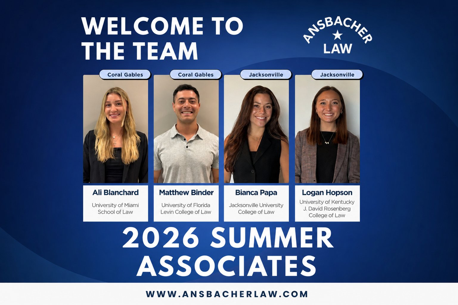 A welcome banner for Ansbacher Law introduces their Summer 2026 Law Clerks with photos and names: Ali Blanchard, Matthew Binder, Bianca Papa, and Logan Hopson, along with their universities and law schools.