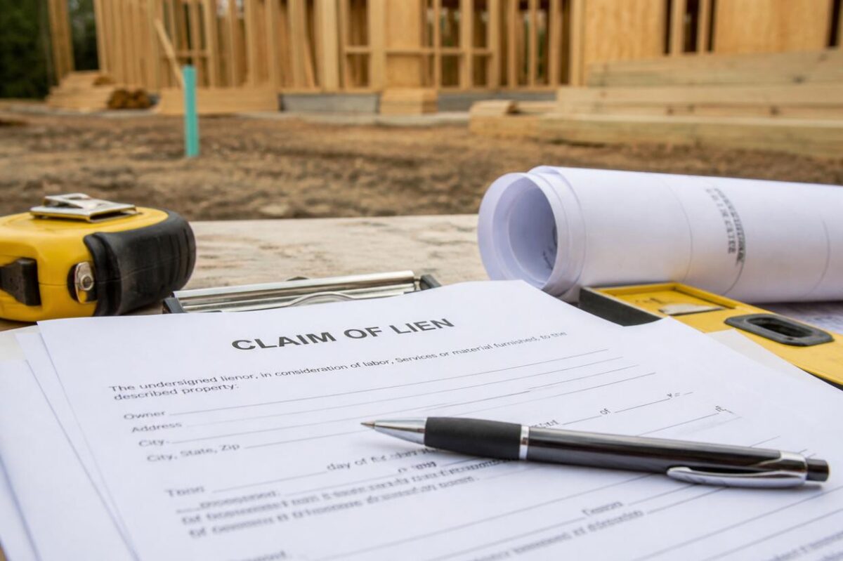 A "Claim of Lien" form, pen, tape measure, and blueprints rest on a surface at a construction site with a wooden building framework in the background—an essential scene when you need to file a claim of lien under Florida lien laws.