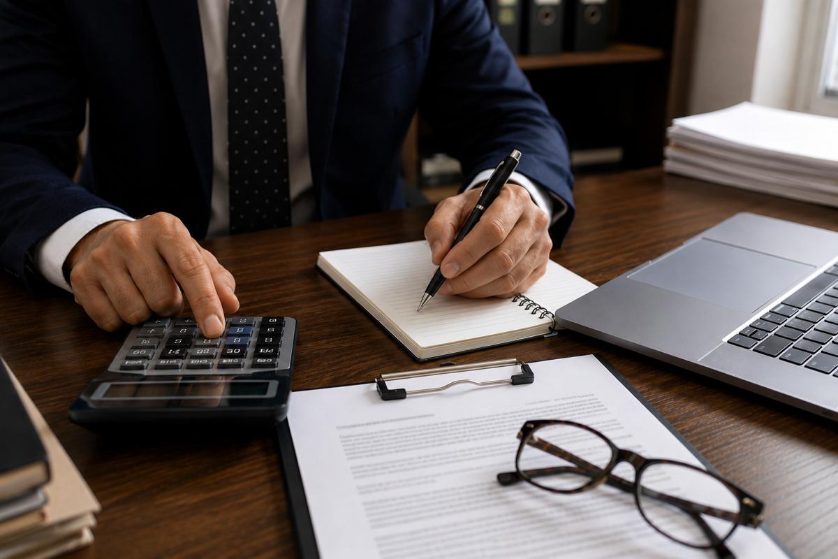 A person in a suit sits at a desk, calculating the value of a Florida personal injury claim with one hand while writing notes about key factors in a notebook. A laptop, clipboard with documents, and eyeglasses are also on the desk.
