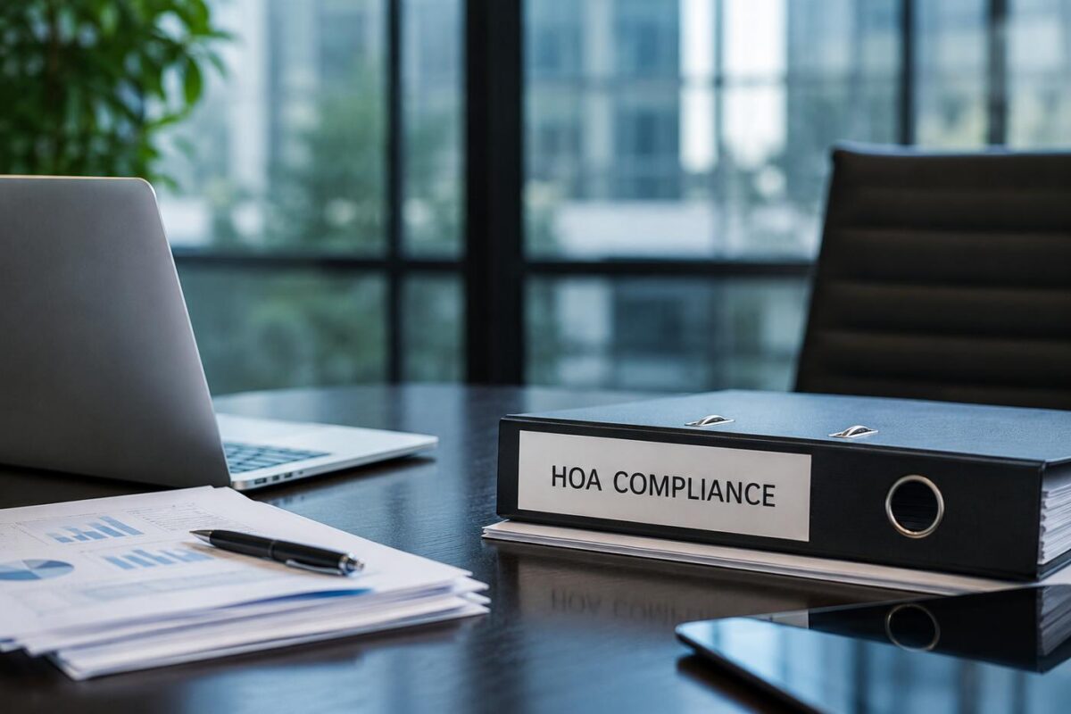 A binder labeled "HOA COMPLIANCE" sits on a conference table next to a laptop, papers with charts, and a tablet—ready for review of the HOA BOI report and FinCEN updates—with large windows and an office chair in the background.