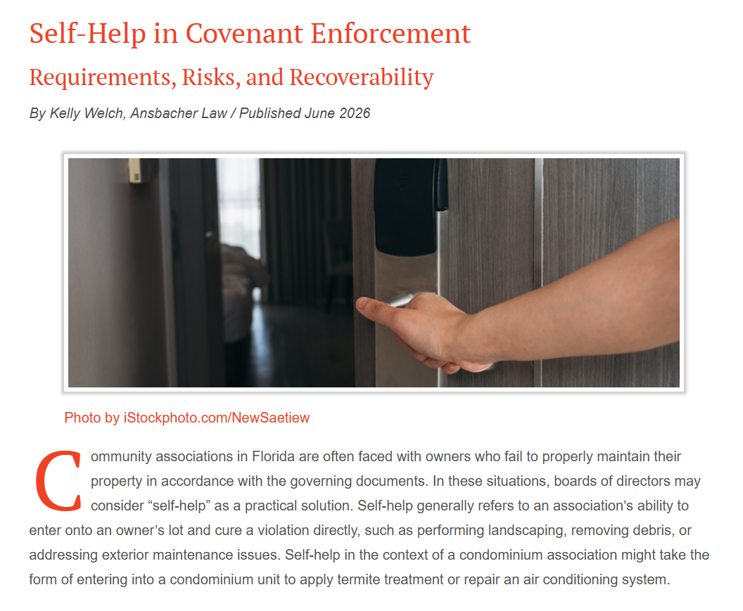 Ansbacher Law attorney Kelly Welch publishes FCAP Journal article on self-help remedies and covenant enforcement for Florida community associations.