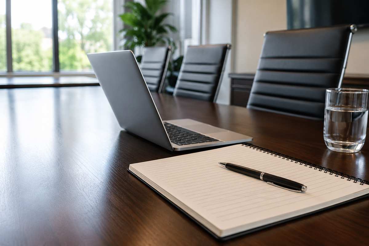 A conference room with a laptop, a glass of water, and an open notebook with a pen on a wooden table—perfect for discussing service contract details—surrounded by empty black chairs and a large window in the background.